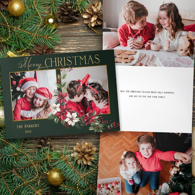 Colourful 2-Photo Merry Christmas Poinsettias Tri-Fold Holiday Card (Creator Uploaded)