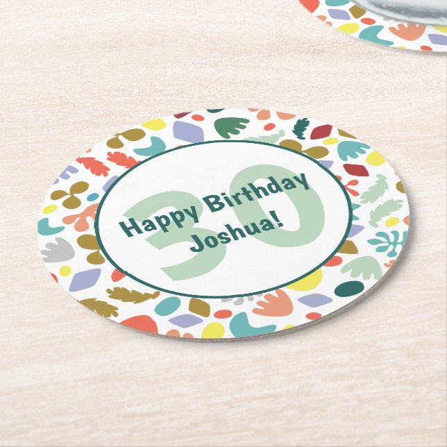 Colourful 30th Birthday Custom Name Round Paper Coaster (Angled)