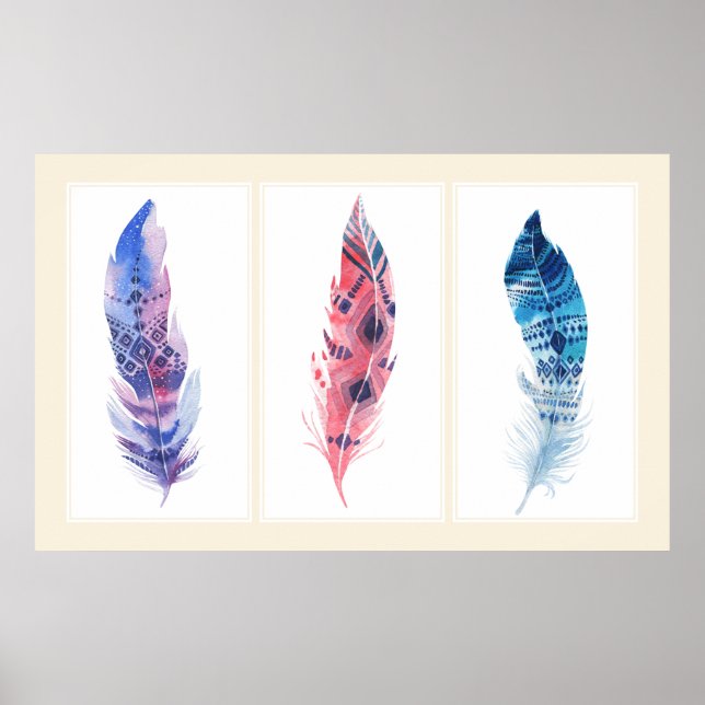 Colourful 3 Panel Boho Feathers Poster (Front)