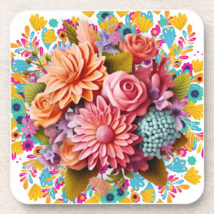 Colourful 3D flowers Pink and Orange Coaster