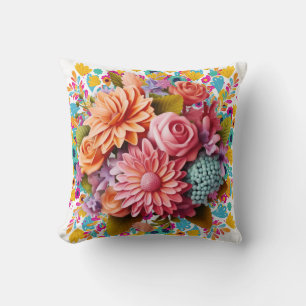 Colourful 3D flowers Pink and Orange Cushion