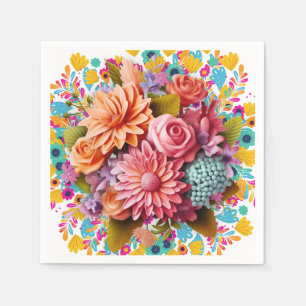 Colourful 3D flowers Pink and Orange Napkin