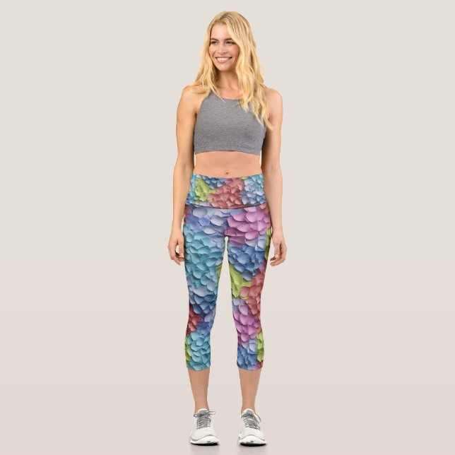 colourful 3D Hydrangea floral Capri Leggings (Front)