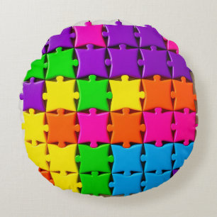 Colourful 3d Puzzle Pieces Arranged Round Cushion