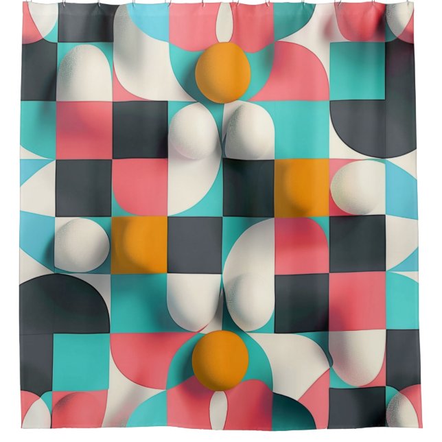 Colourful 3D Spheres and Geometric Grid Pattern Shower Curtain (Front)