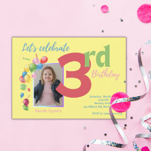Colourful 3rd Birthday Photo Party Invitation