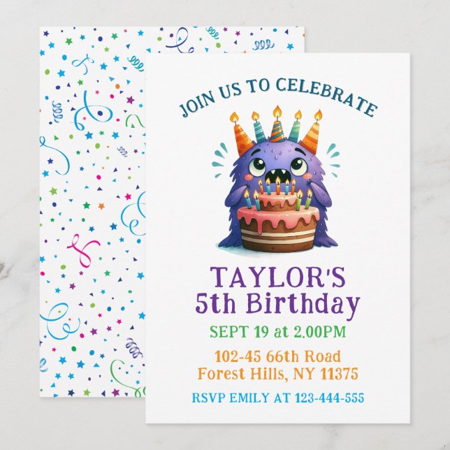 Colourful 5th Birthday Monster Party Invitation  (Front/Back)