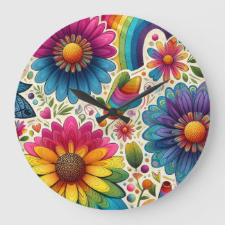 Colourful 60s Flower Power Botanical Large Clock