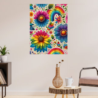 Colourful 60s Flower Power Botanical Poster