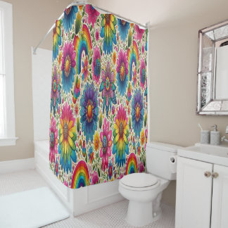 Colourful 60s Flower Power Botanical Shower Curtain