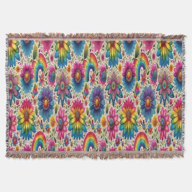 Colourful 60s Flower Power Botanical Throw Blanket (Front)