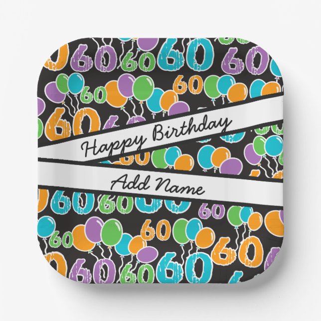 Colourful 60th Birthday Personalised Name Paper Plate (Front)