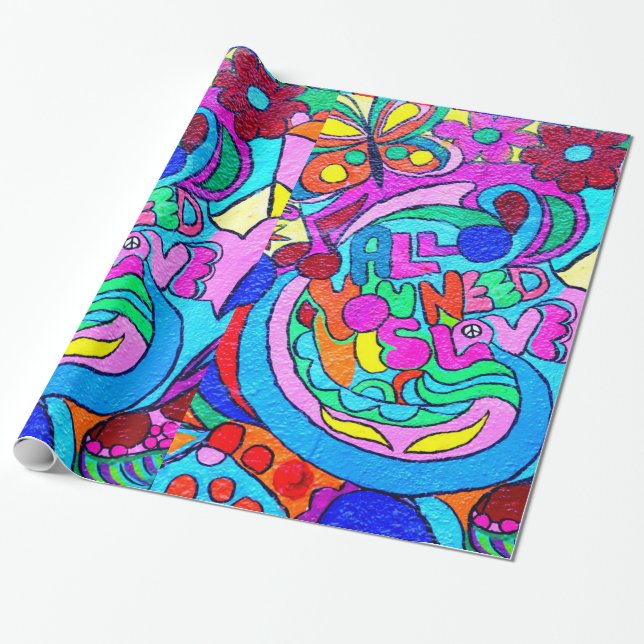 colourful 70's hippie peace and love wrapping wrapping paper (Unrolled)