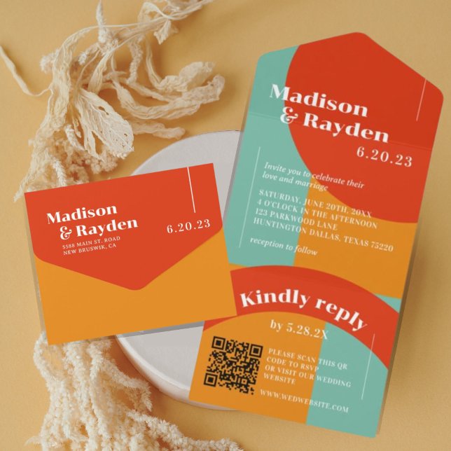 Colourful 70s Retro Abstract Photo QR Code Wedding All In One Invitation (Creator Uploaded)