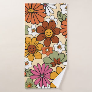 Colourful 70s style retro floral pattern. Vintage  Bath Towel