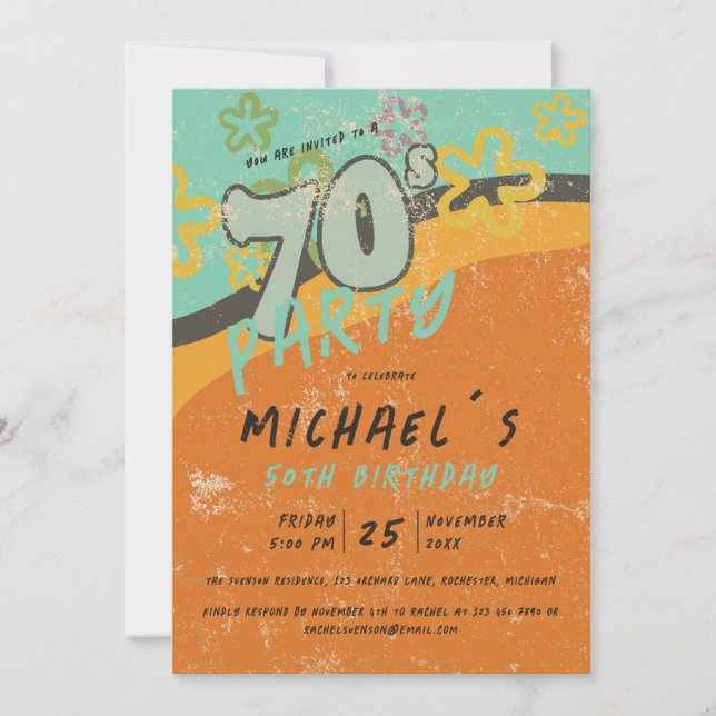 colourful 70s vintage style party invitation (Front)