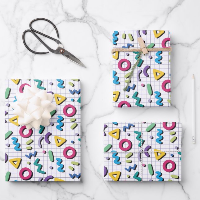 Colourful 80s Memphis Pattern Wrapping Paper Sheet (Front)