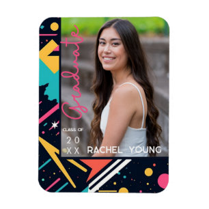 Colourful 80's Retro Navy & Pink Graduation Photo Magnet