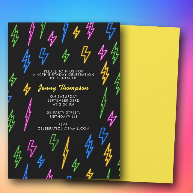 Colourful 80's Retro Neon Lightning Birthday Invitation (Colorful 80's Retro Neon Lightning Birthday Invitation)
