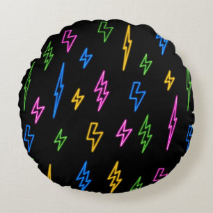 Colourful 80's Retro Neon Lightning Pattern Round Cushion