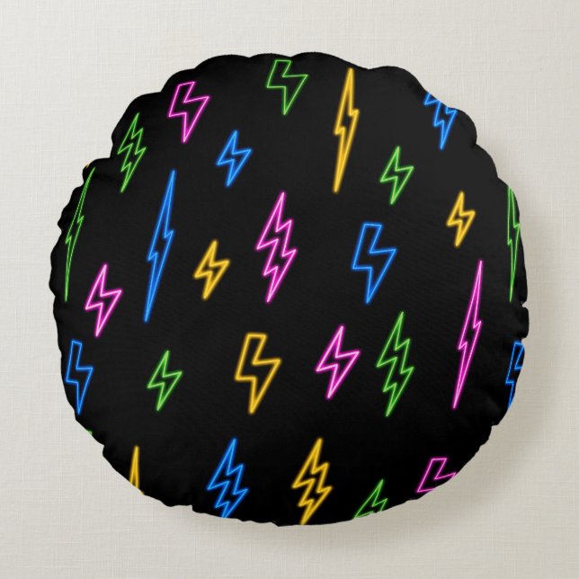 Colourful 80's Retro Neon Lightning Pattern  Round Cushion (Front)