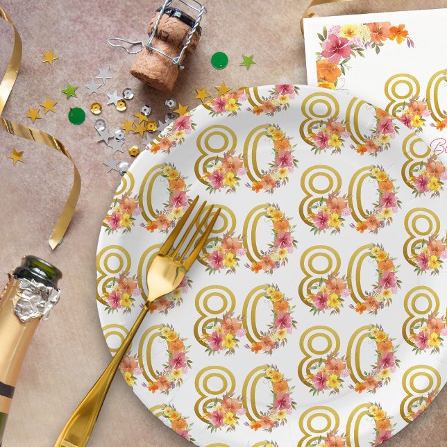 Colourful 80th Birthday Floral Gold Number 80 Part Paper Plate (80th Birthday Party Plates from my Floral Number Birthday Party Collection)