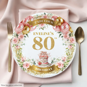 Colourful 80th Birthday Floral Gold Number Paper Plate
