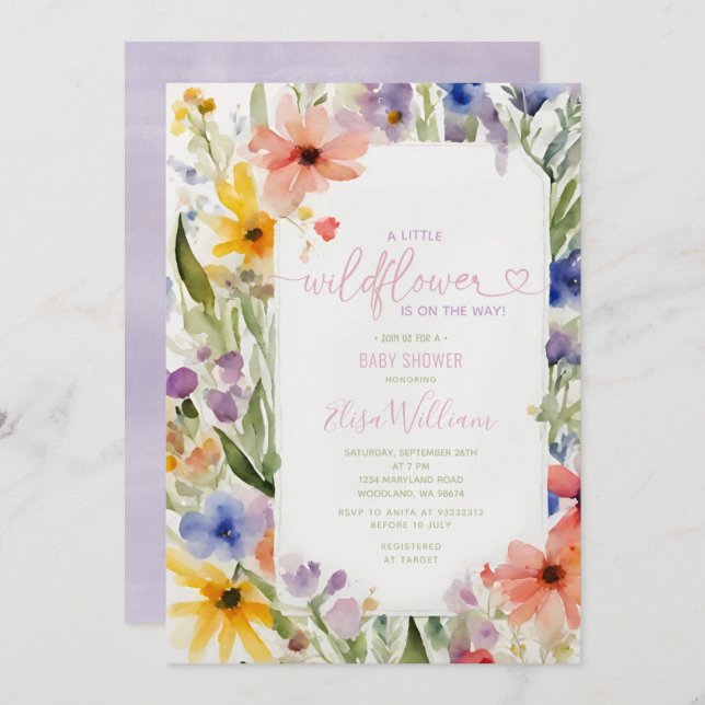 Colourful A Little Wildflower Baby Shower Greenery Invitation (Front/Back)