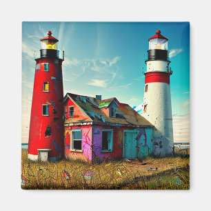 Colourful Abandoned Lighthouses on a Beach Magnet