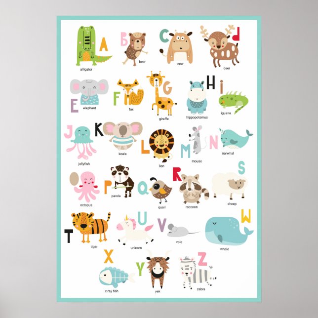 Colourful ABCs | Turquoise Frame Animal Alphabet Poster (Front)
