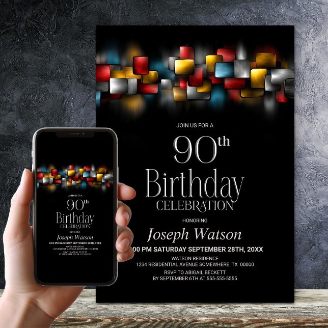 Colourful Abstract 90th Birthday Party Invitation (Creator Uploaded)