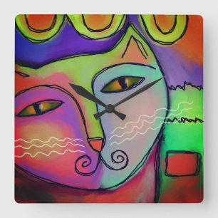 Colourful Abstract Art Cat Painting Square Wall Clock