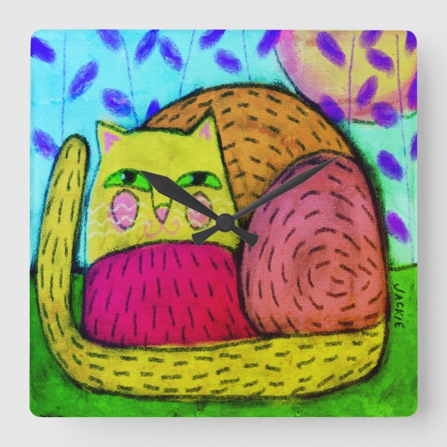Colourful Abstract Art Cat Square Wall Clock (Front)