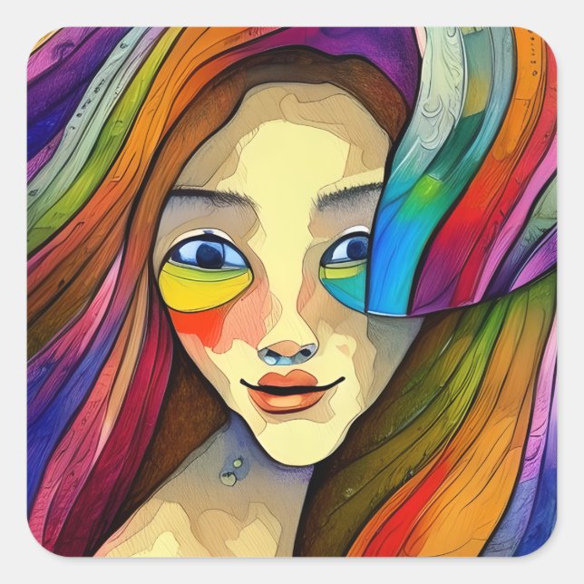Colourful Abstract Art Pretty Girl Square Sticker (Front)