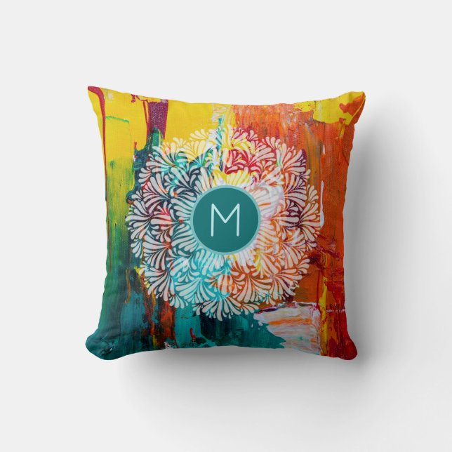 Colourful Abstract Art with Mandala and Monogram Cushion (Front)