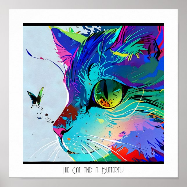 Colourful abstract artistic cat and butterfly  poster (Front)