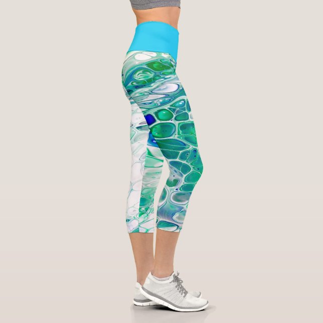 Colourful Abstract Artsy Blue Green White Cute Leg Capri Leggings (Right)