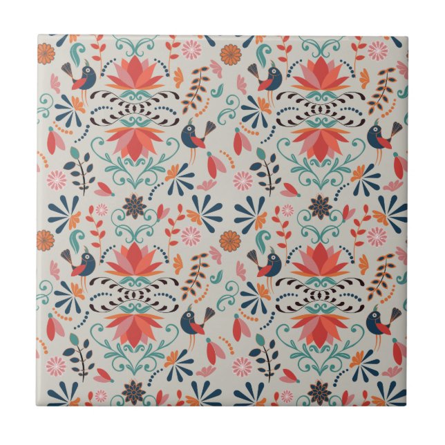 Colourful abstract bird flower kitchen tile (Front)