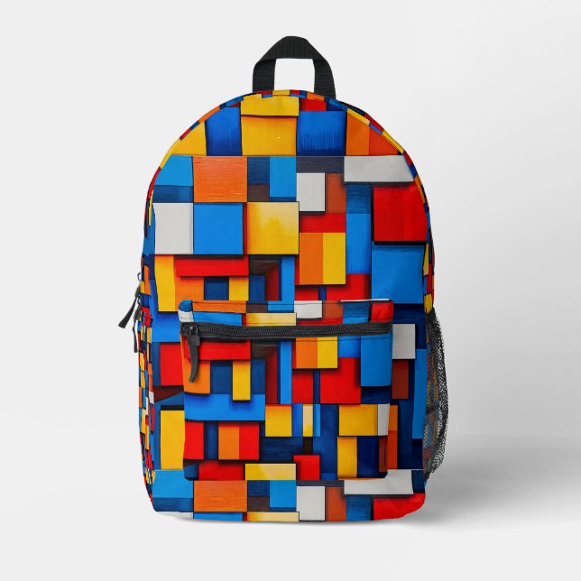 Colourful abstract blocks printed backpack (Front)
