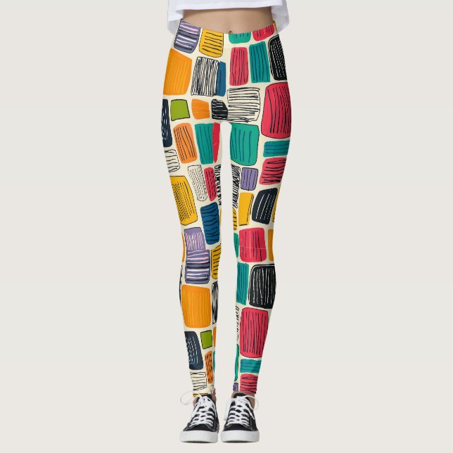 Colourful Abstract Blocks - Teal and Mustard Lines Leggings (Front)