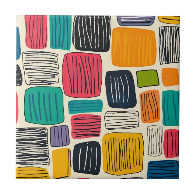 Colourful Abstract Blocks - Teal and Mustard Lines Tile (Front)