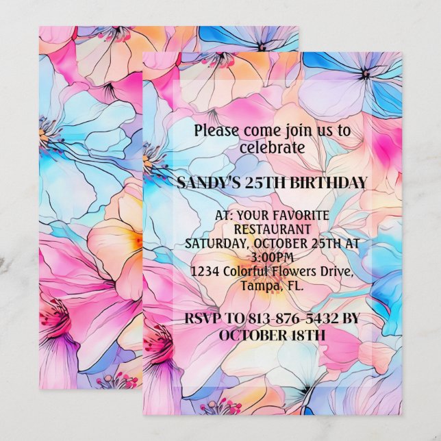 Colourful Abstract Blooming Flowers Birthday Party Invitation (Front/Back)