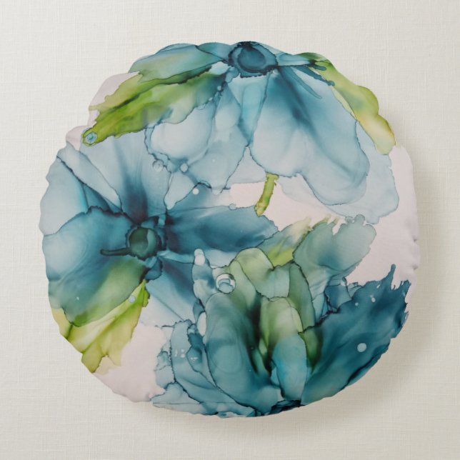 Colourful Abstract Blue and Green Floral Art  Round Cushion (Front)