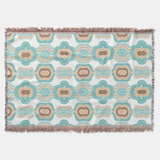 Colourful abstract blue/brown/tan medallion throw blanket (Front)