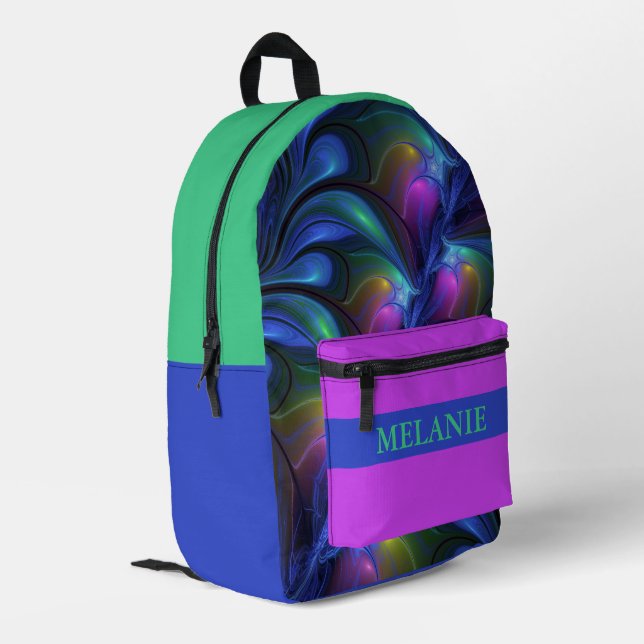 Colourful Abstract Blue Pink Green Fractal Name Printed Backpack (Back Corner Left)