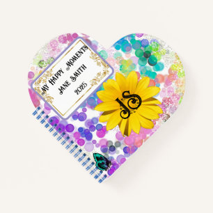Colourful Abstract Bokeh Monogram Sunflower Heart Notebook