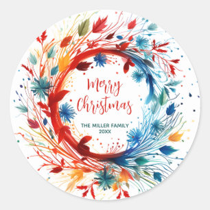 Colourful Abstract Botanical Christmas Wreath Classic Round Sticker