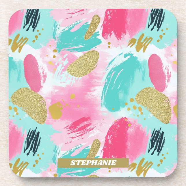 Colourful Abstract Brushstrokes - Mint & Pink (1) Coaster (Front)