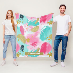 Colourful Abstract Brushstrokes - Mint & Pink (1) Fleece Blanket