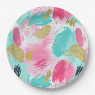 Colourful Abstract Brushstrokes - Mint & Pink (1) Paper Plate